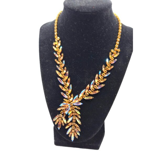 Vintage Lugano Gold Aurora Borealis Rhinestone Necklace Statement Necklace - Picture 2 of 7
